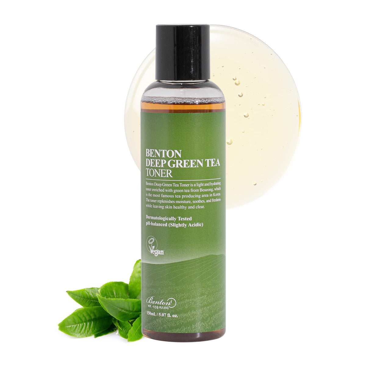 BENTON Deep Green Tea Toner bottle demonstrates clean beauty packaging and skin-balancing potential.