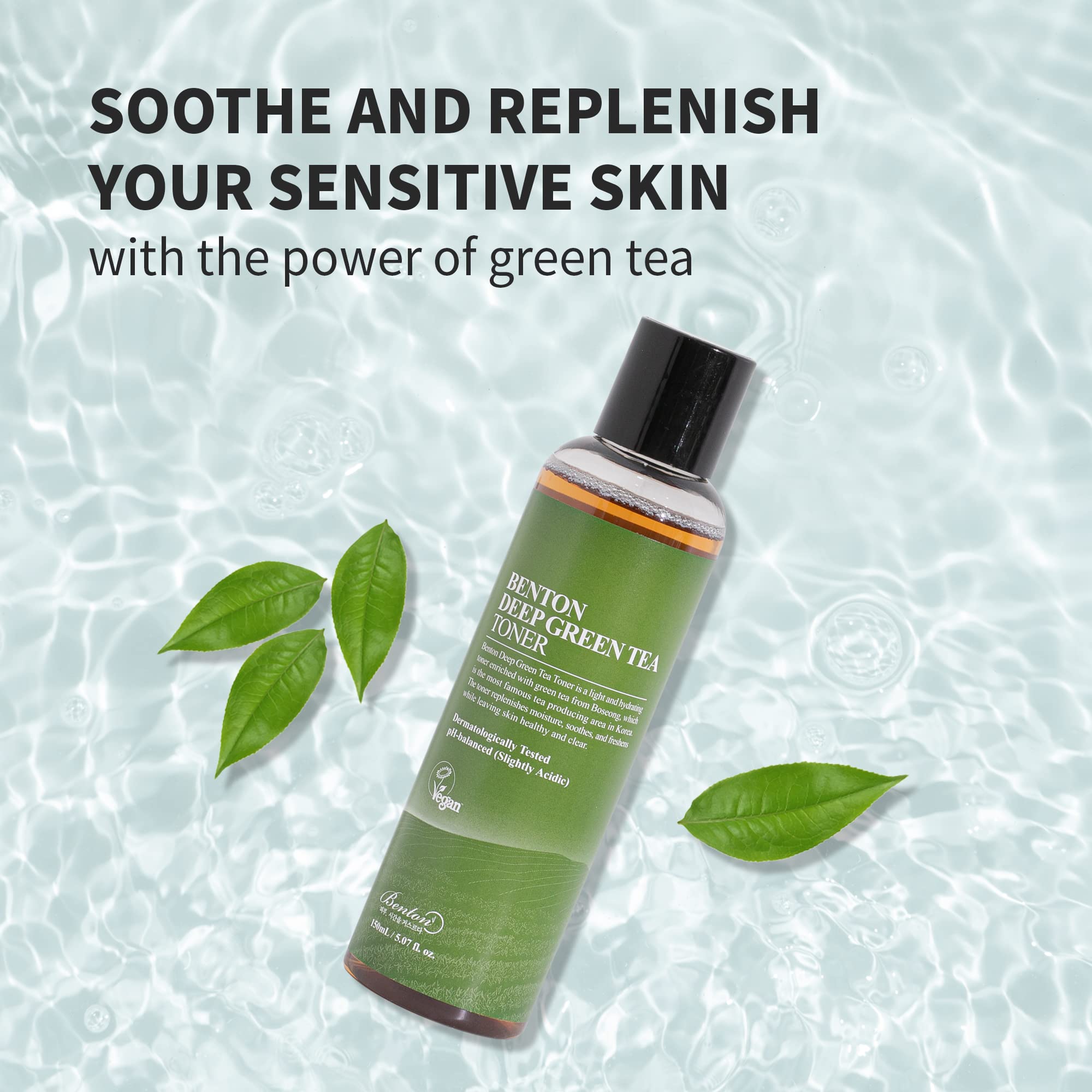 BENTON Deep Green Tea Toner pump closeup highlights lightweight formula for sensitive skin.