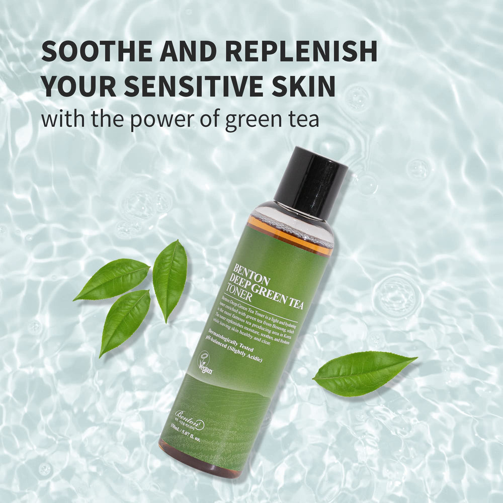 BENTON Deep Green Tea Toner pump closeup highlights lightweight formula for sensitive skin.