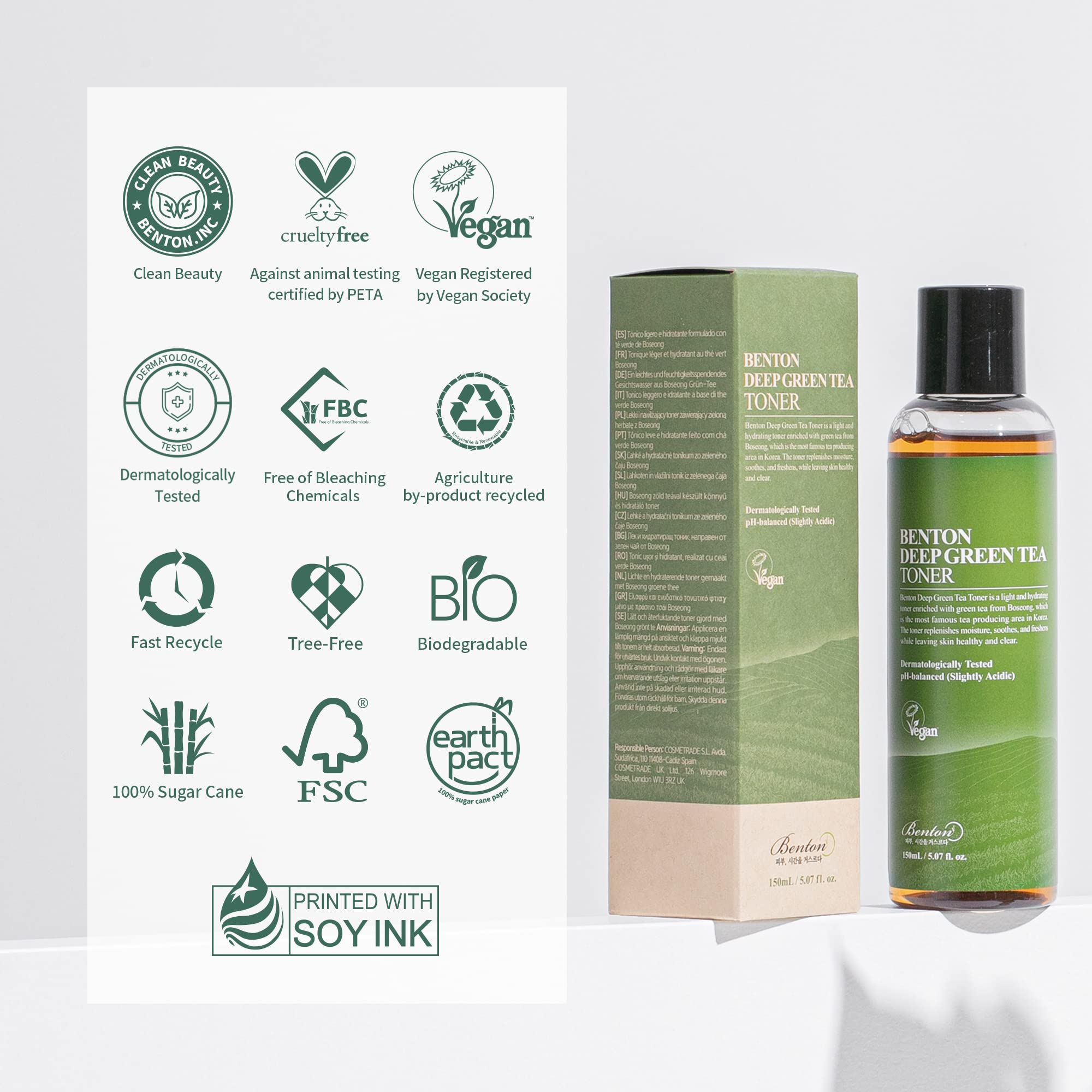 BENTON eco-friendly packaging photo highlights recyclable materials and sustainable brand ethos.
