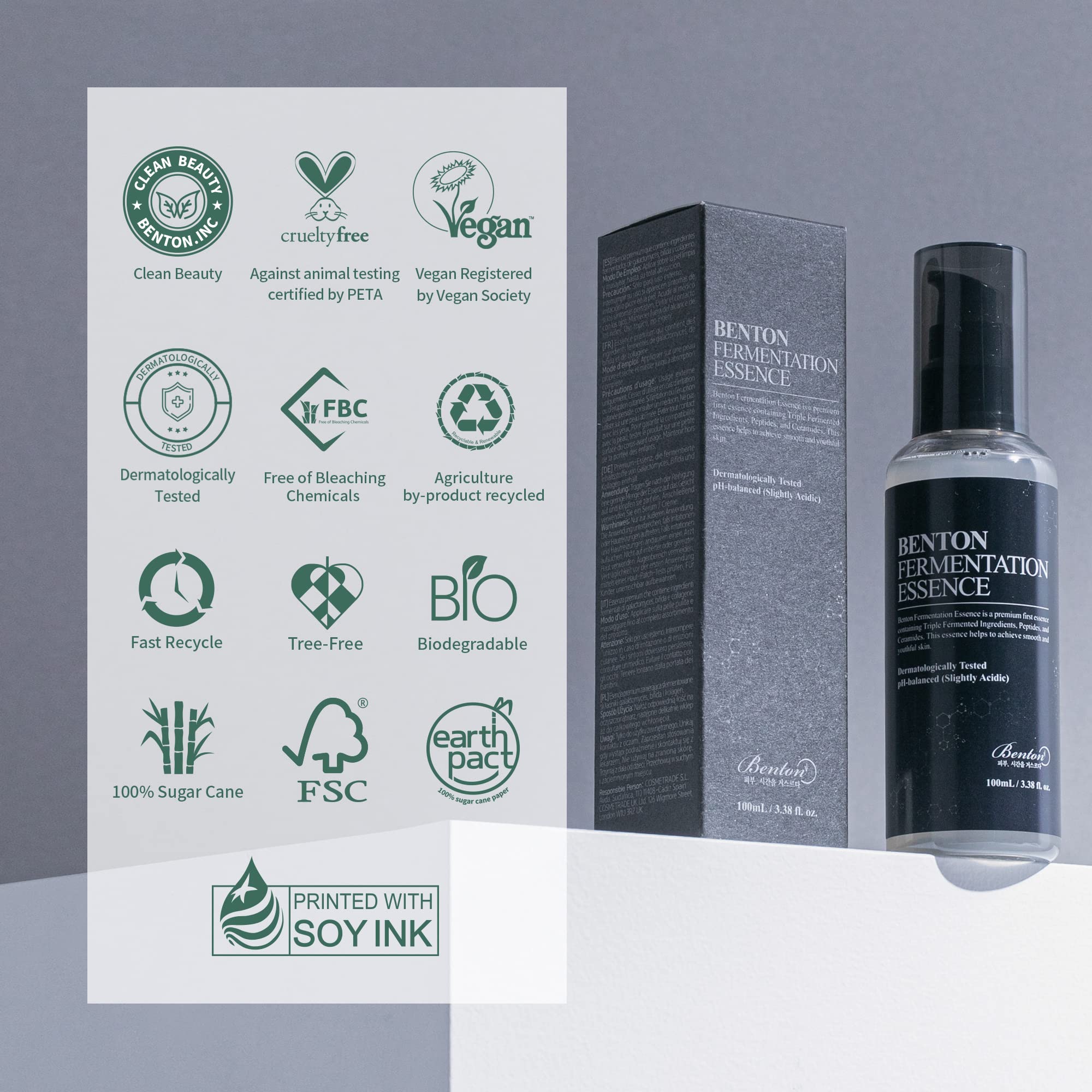 BENTON Fermentation Essence eco-packaging concept reinforcing sustainable skincare.