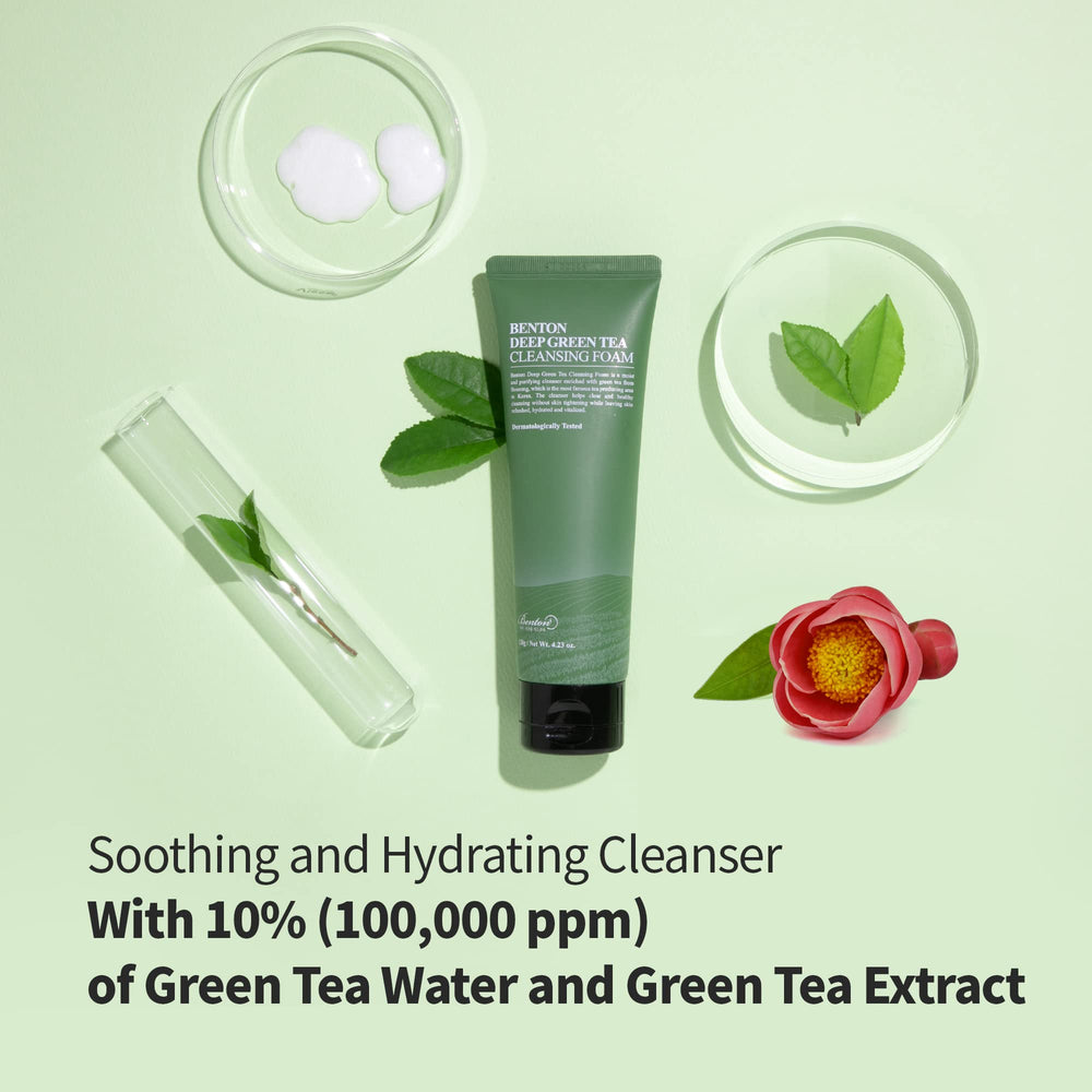 BENTON Deep Green Tea Face Wash ingredients include green tea leaf water for soothing cleansing