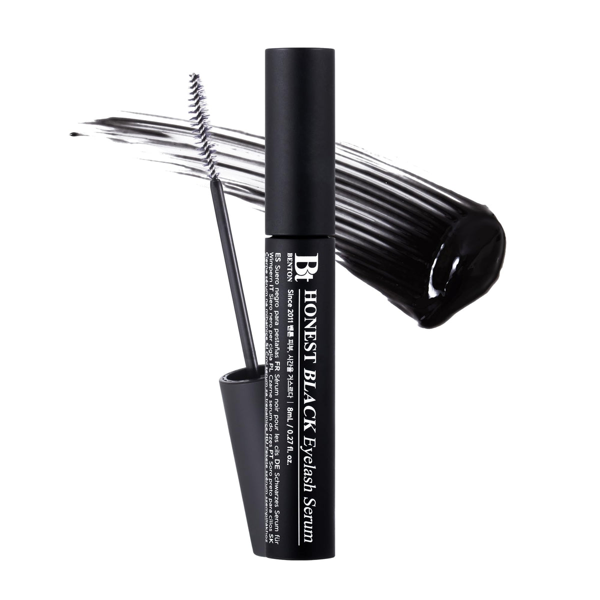 BENTON Honest Black Eyelash Serum bottle shot shows nourishing formula for stronger lashes