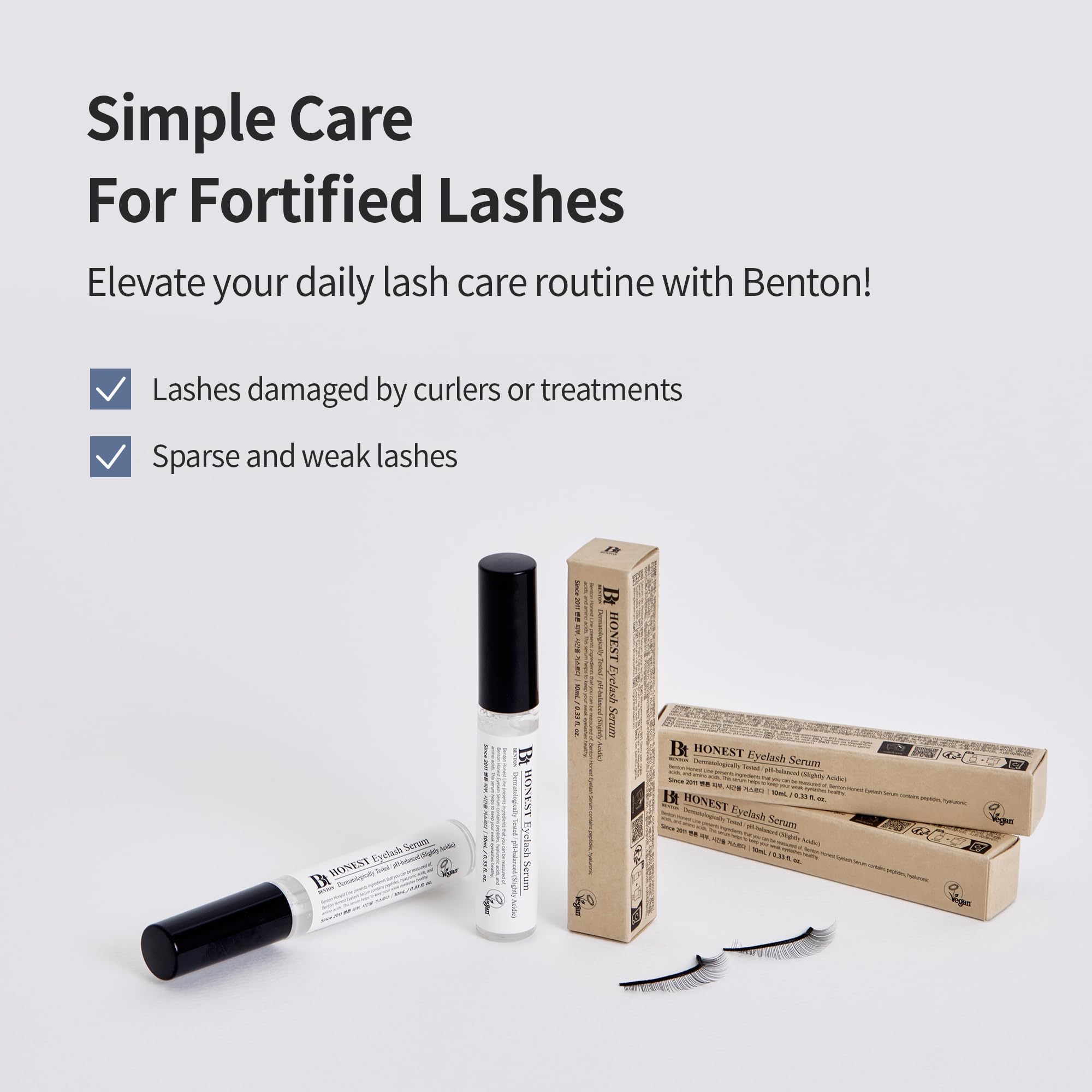 BENTON Honest Eyelash Serum C-curve and ball-tip brush applying along lash line