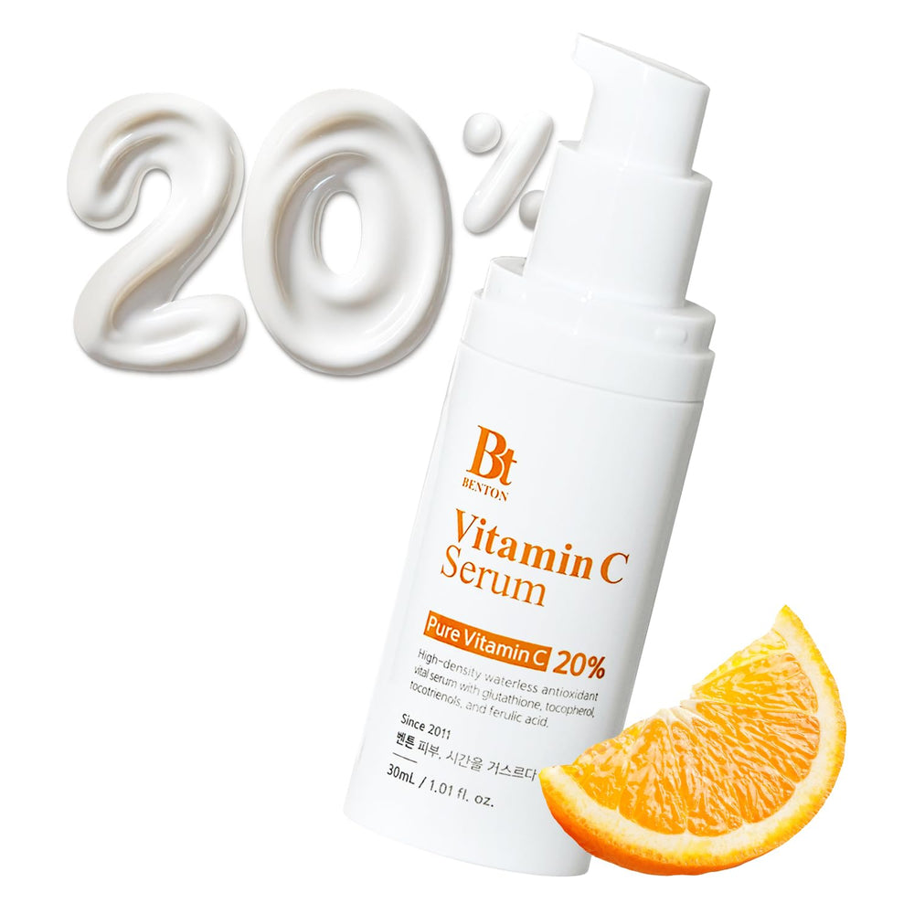 BENTON Vitamin C Serum bottle close-up highlights stable white formulation for oxidation resistance.