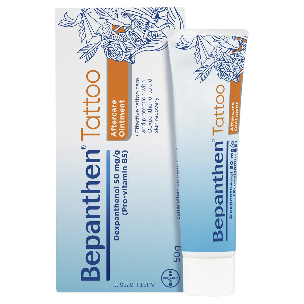 Bepanthen Tattoo Aftercare Ointment application scene suggests gentle, daily use after sessions.