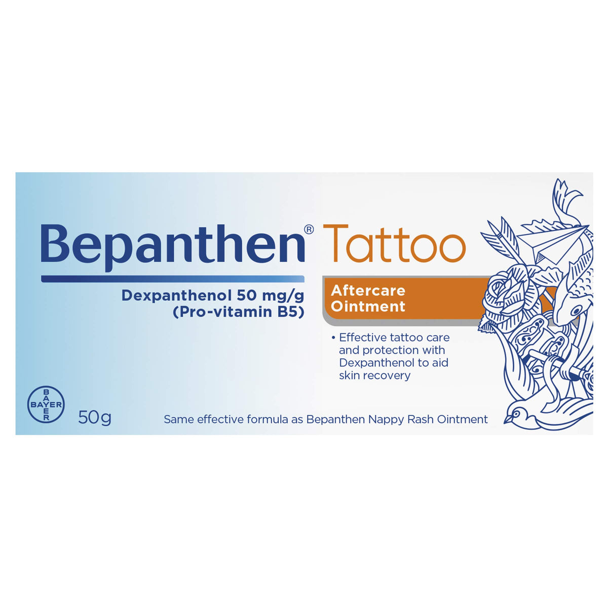 Bepanthen Tattoo Aftercare Ointment packaging signals trusted protection for fresh tattooed skin.