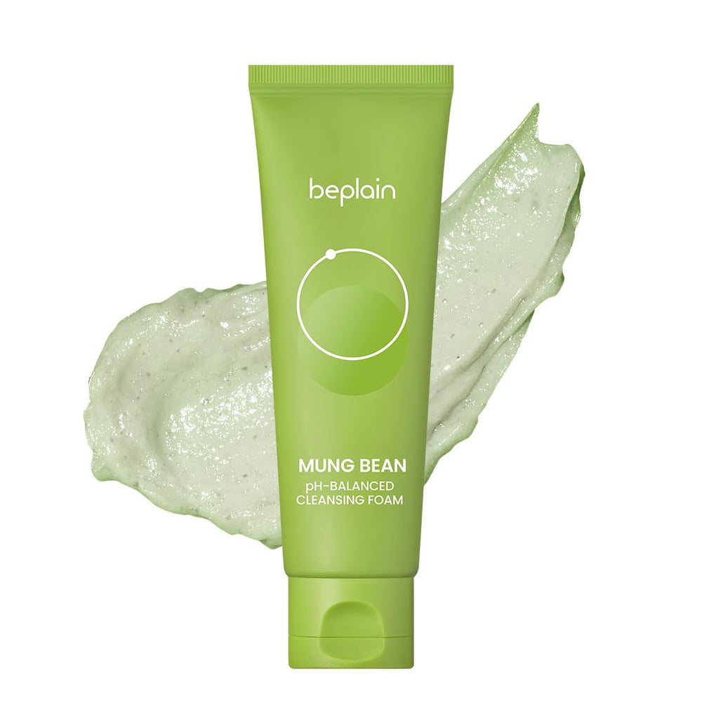 Beplain mung bean cleansing foam bottle front showing fragrance-free formula for sensitive skin.