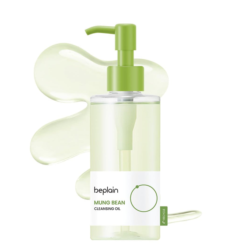 beplain mung bean cleansing oil bottle close-up demonstrates gentle makeup removal with hydration