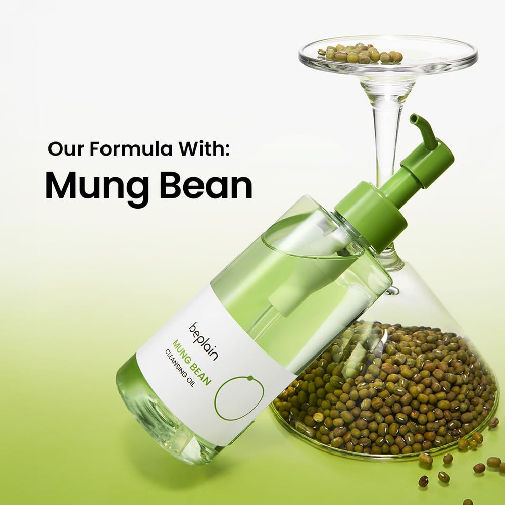 beplain mung bean cleansing oil fragrance-free label communicates gentle, irritation-minimizing skincare
