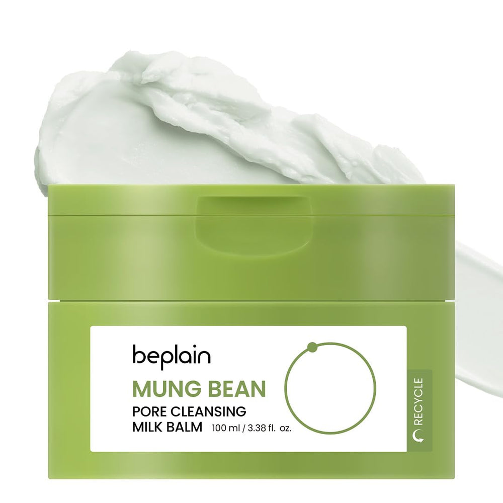 Beplain mung bean pore cleansing milk balm bottle demonstrates fragrance-free makeup removal for sensitive skin.