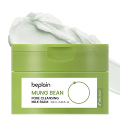 Beplain mung bean pore cleansing milk balm bottle demonstrates fragrance-free makeup removal for sensitive skin.