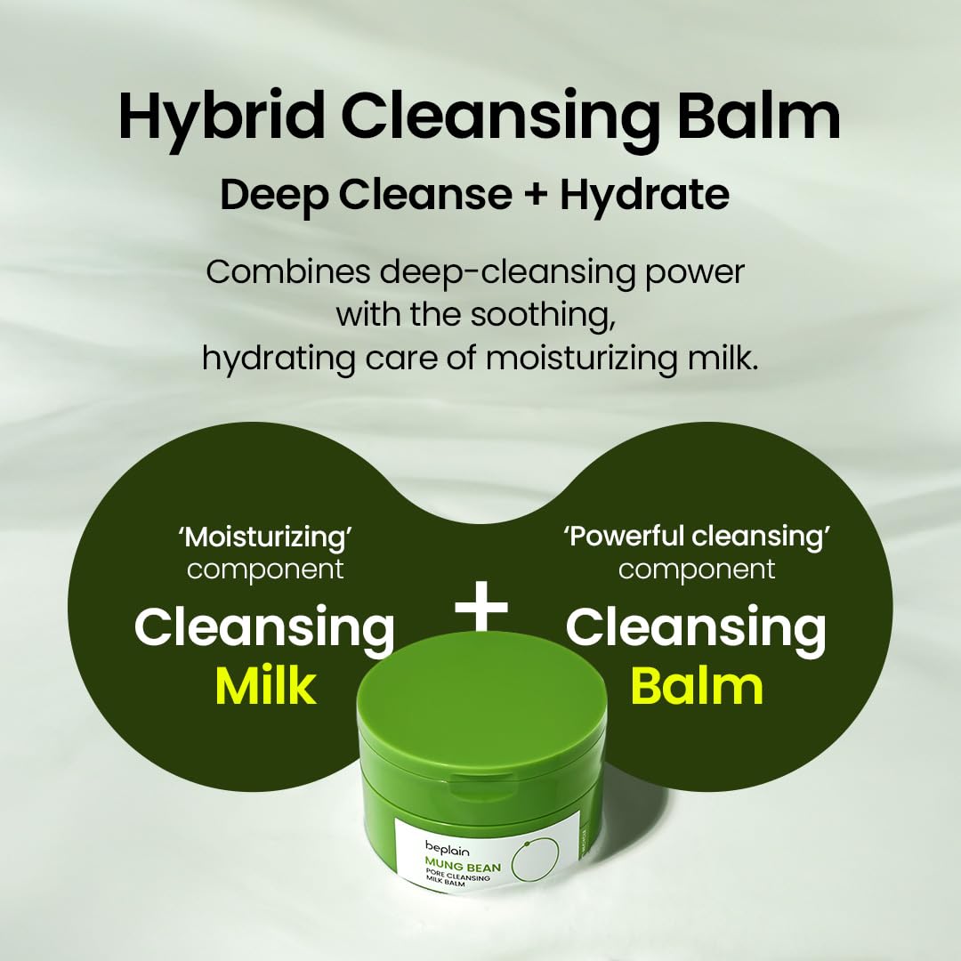 Beplain mung bean pore cleansing milk balm spread-on-hand highlights balm-to-milk texture for gentle cleansing.