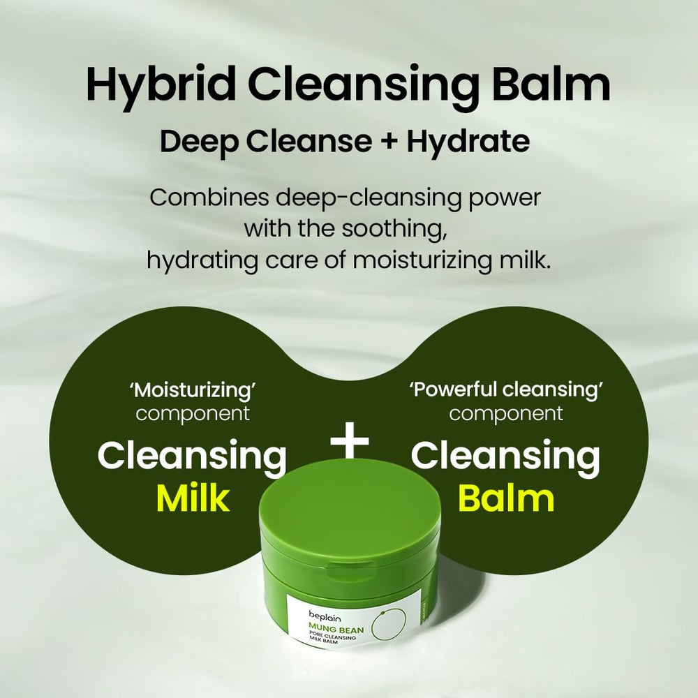 Beplain mung bean pore cleansing milk balm spread-on-hand highlights balm-to-milk texture for gentle cleansing.