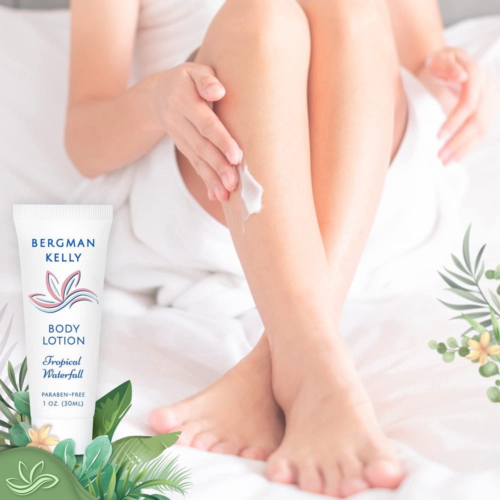 BERGMAN KELLY foil-sealed lotion tube preventing leaks, suitable for travel and guest rooms.