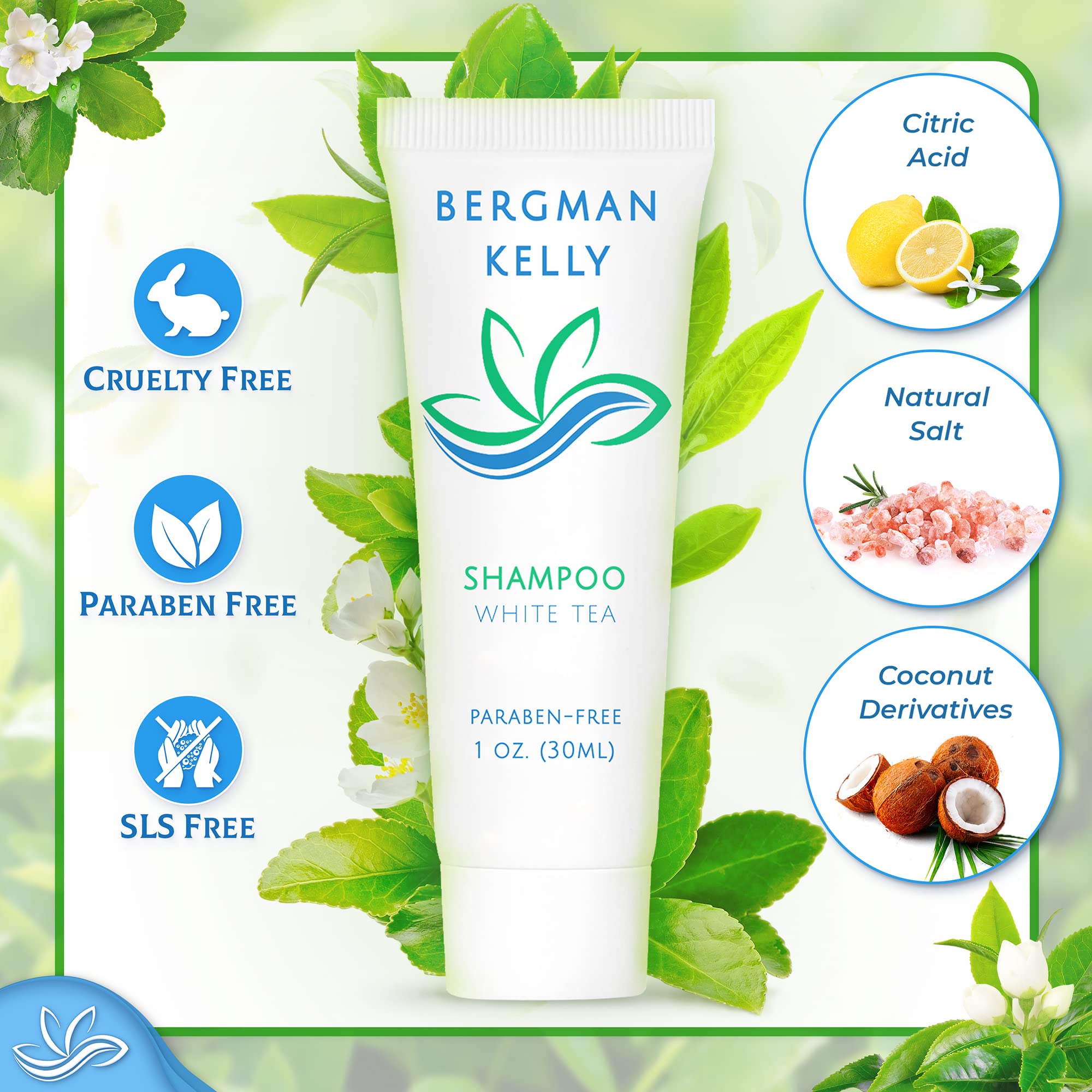 Bergman Kelly travel conditioner bottle with white tea scent for hotel stays.