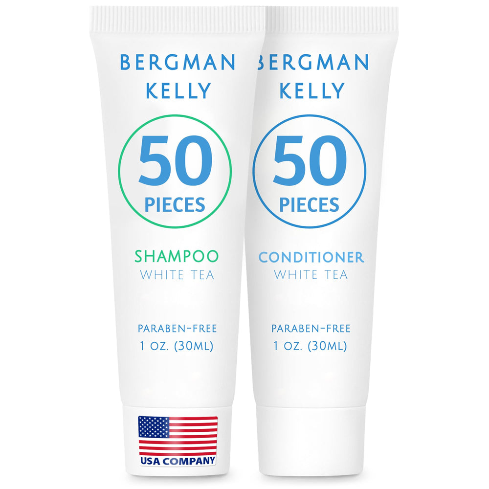 Bergman Kelly travel shampoo bottle with white tea scent for guest refreshment.