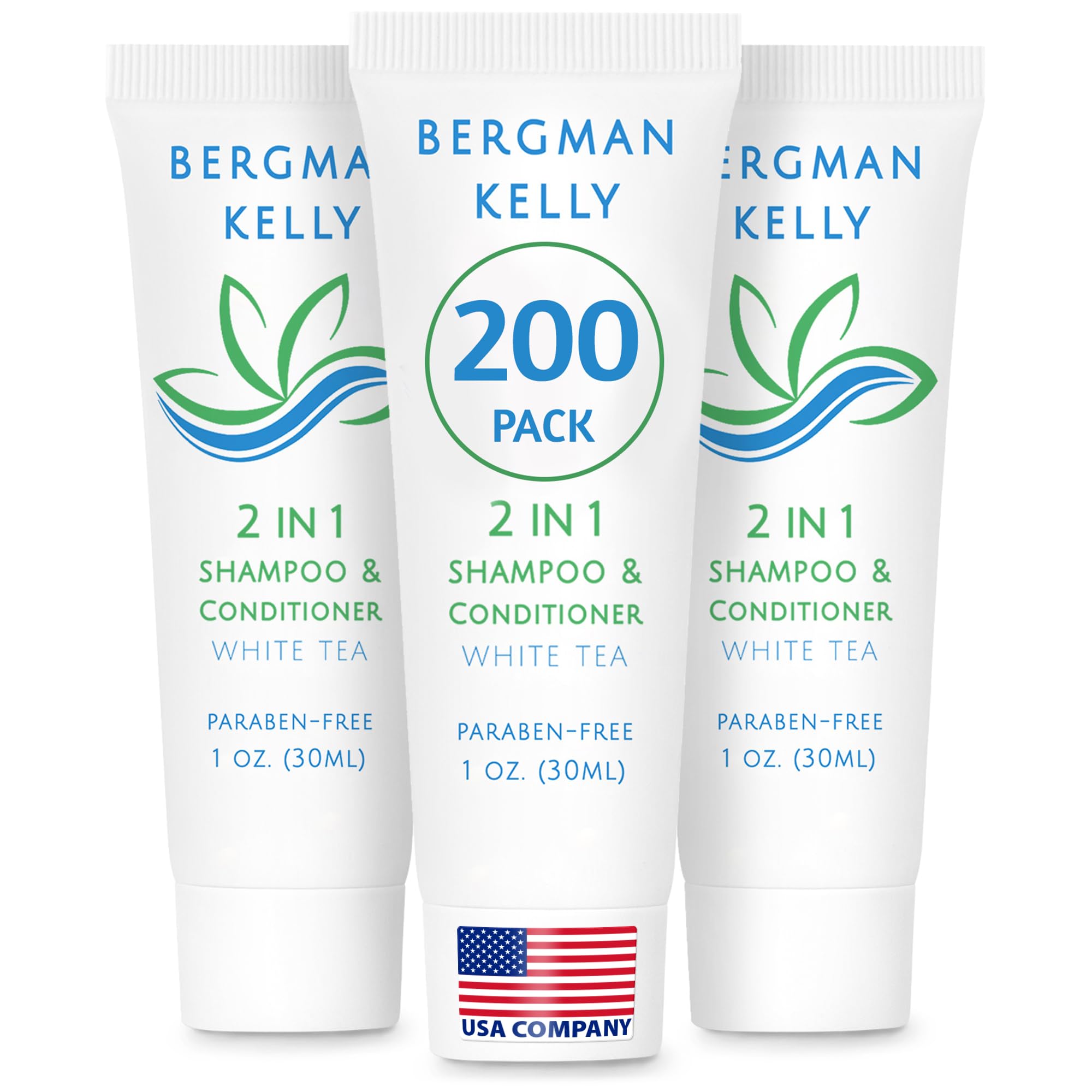 BERGMAN KELLY travel-size 2-in-1 bottle with white tea scent, refreshing for hotel guests.