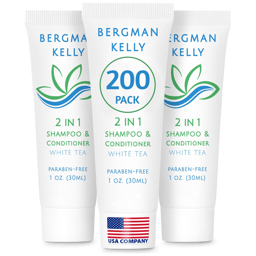 BERGMAN KELLY travel-size 2-in-1 bottle with white tea scent, refreshing for hotel guests.