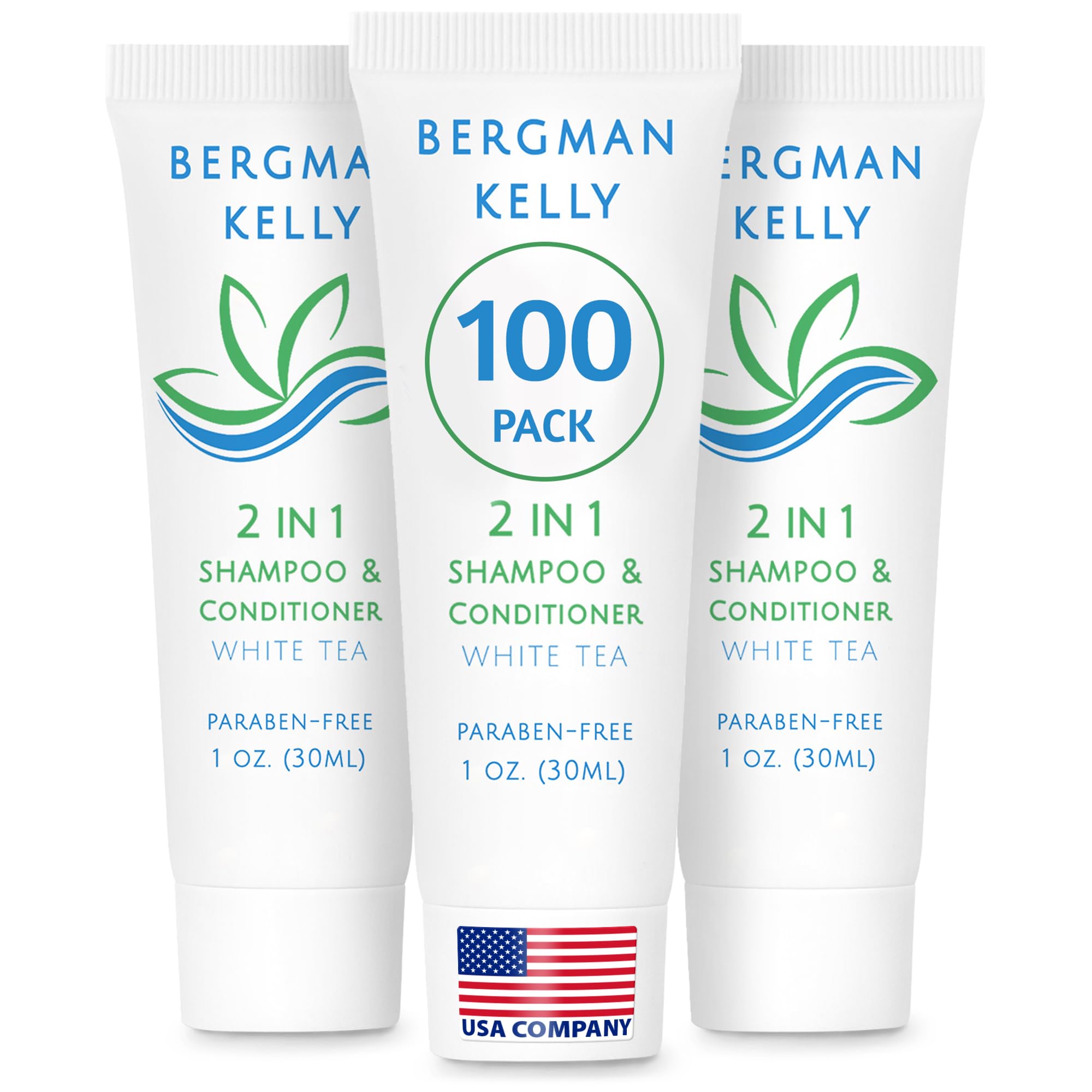 Bergman Kelly travel size 2 in 1 shampoo conditioner with white tea scent and foil seal for freshness