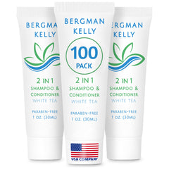 Bergman Kelly travel size 2 in 1 shampoo conditioner with white tea scent and foil seal for freshness