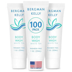 BERGMAN KELLY travel-size body wash with foil seal for leak-free hotel amenities.