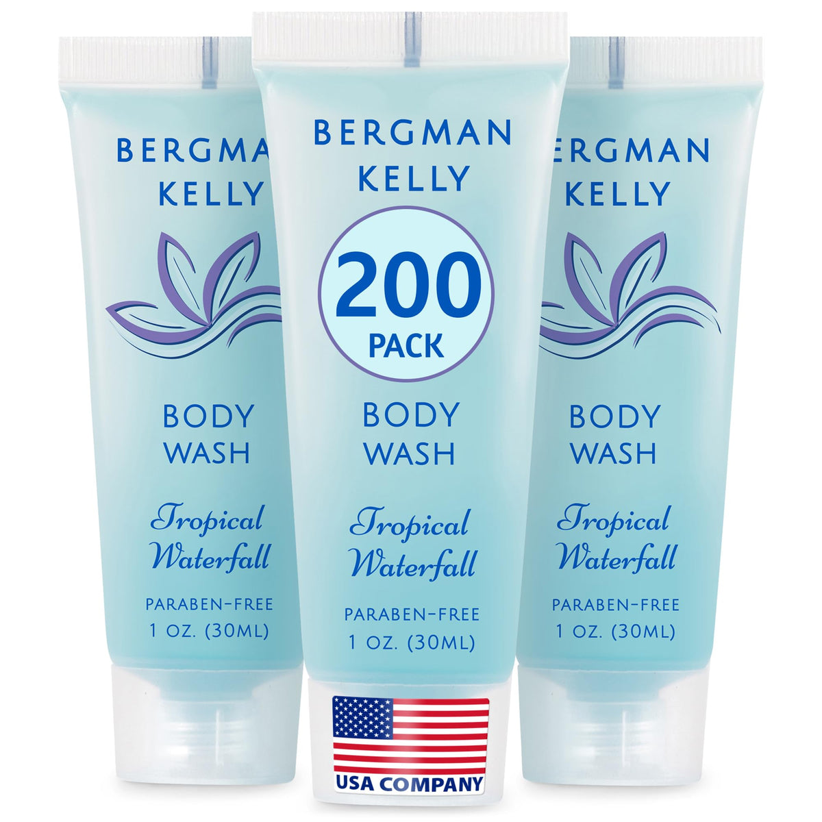 BERGMAN KELLY travel-size body wash Tropical Waterfall bottle provides a refreshing hotel guest amenity.