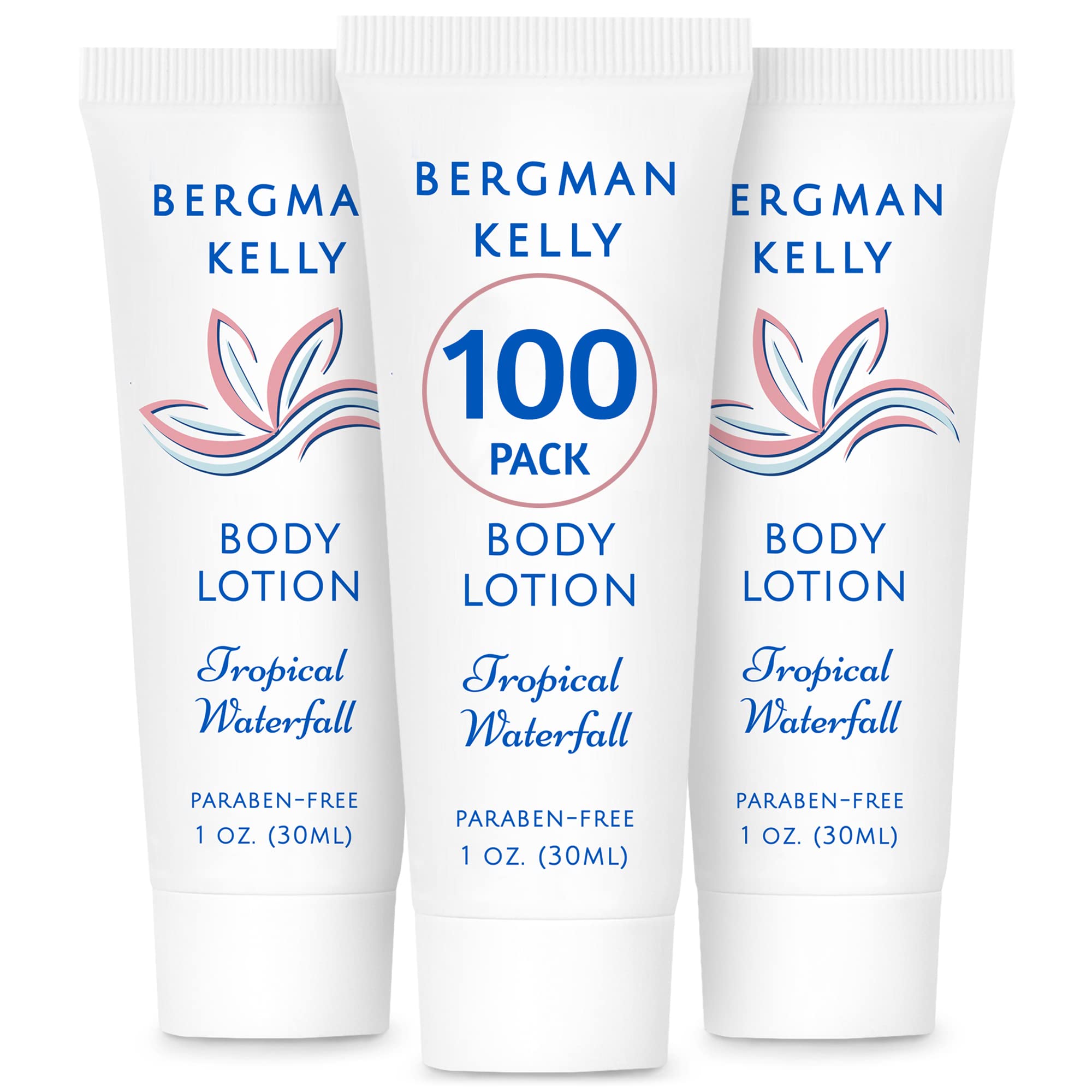 BERGMAN KELLY tropical-waterfall bottle showcases the 1oz lotion for hotel guest comfort.