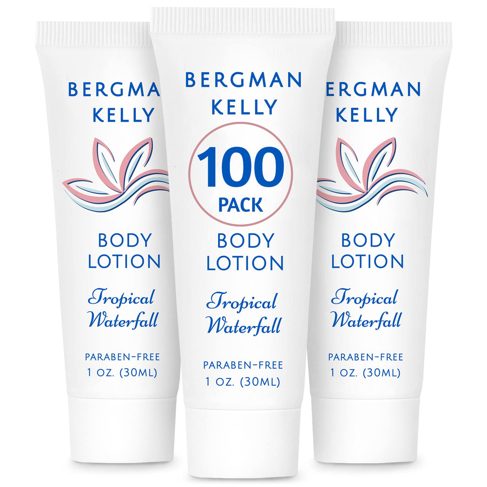 BERGMAN KELLY tropical-waterfall bottle showcases the 1oz lotion for hotel guest comfort.