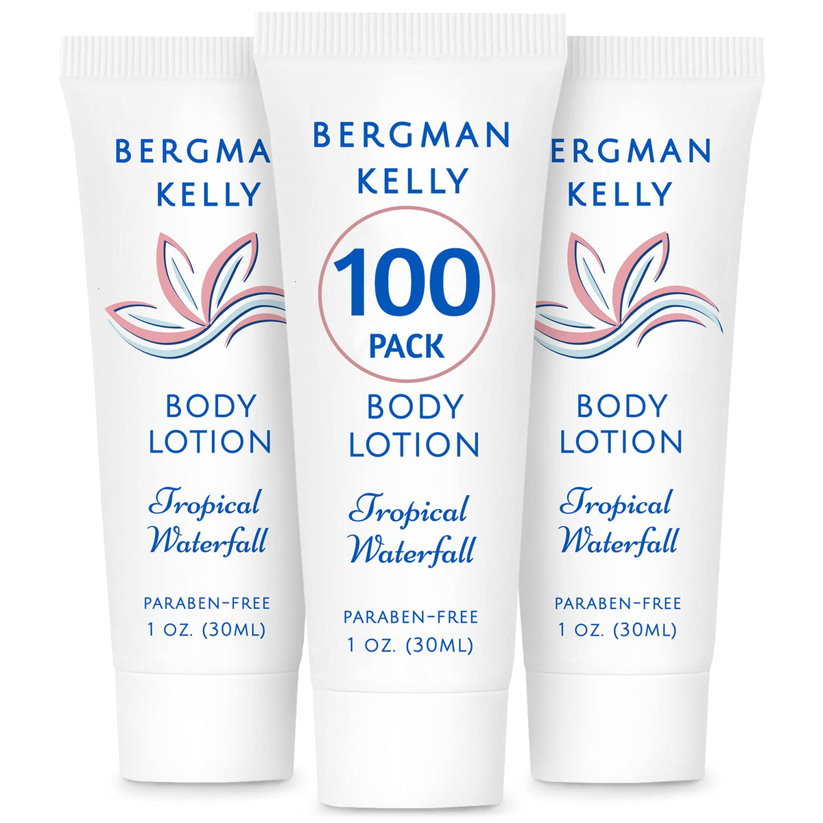 BERGMAN KELLY tropical-waterfall bottle showcases the 1oz lotion for hotel guest comfort.