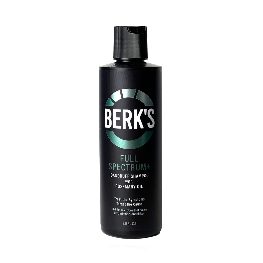 Berk's full spectrum dandruff shampoo bottle with coal tar formula for itch relief and flakes control.