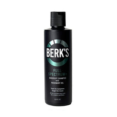 Berk's full spectrum dandruff shampoo bottle with coal tar formula for itch relief and flakes control.