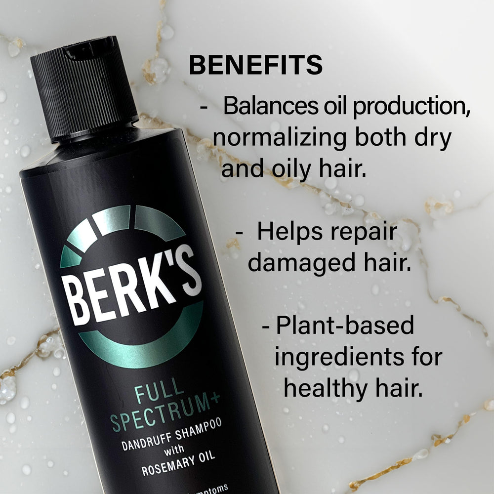Berk's full spectrum dandruff shampoo sulfur note supports cleansing and scalp relief.