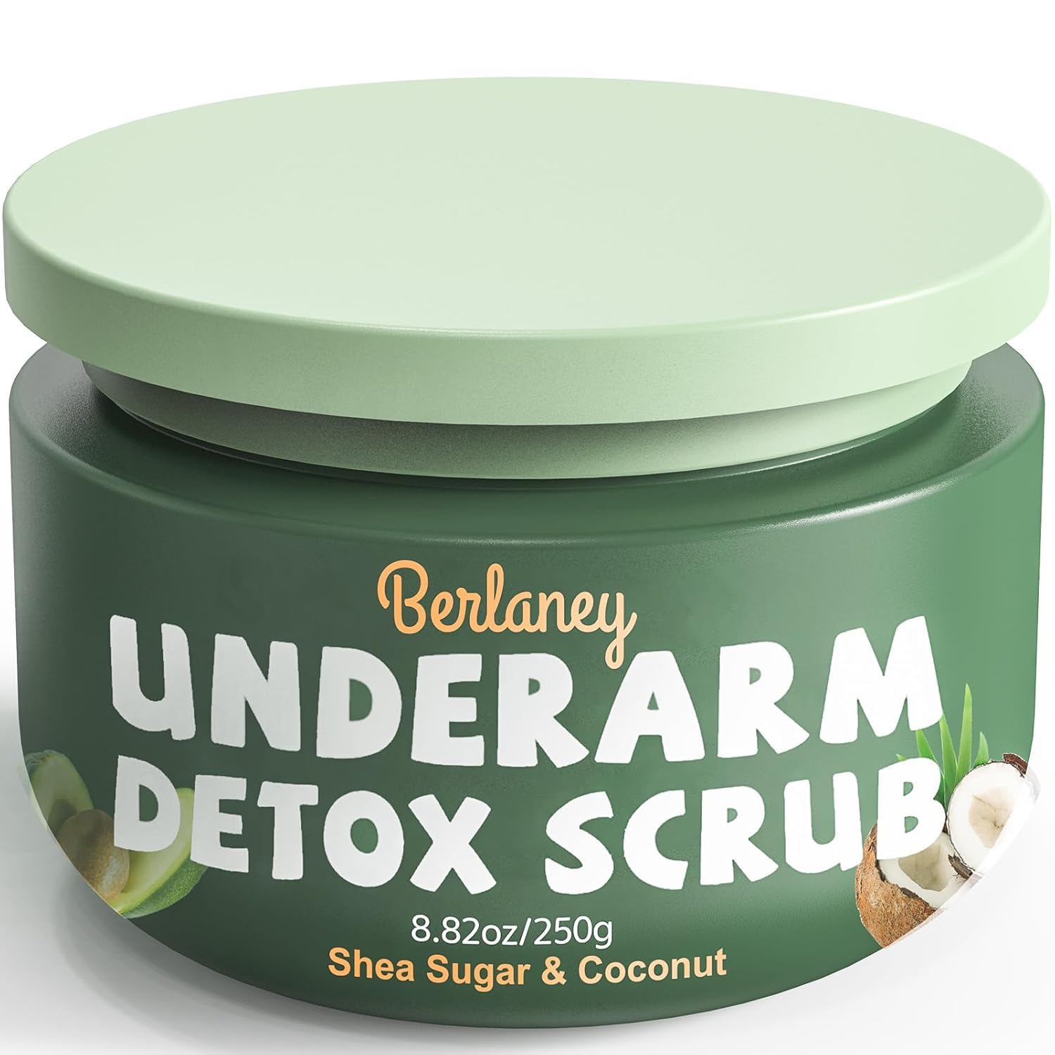 Berlaney armpit detox scrub jar closeup showing exfoliating texture for smooth skin