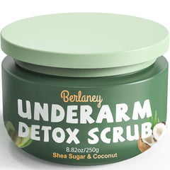 Berlaney armpit detox scrub jar closeup showing exfoliating texture for smooth skin