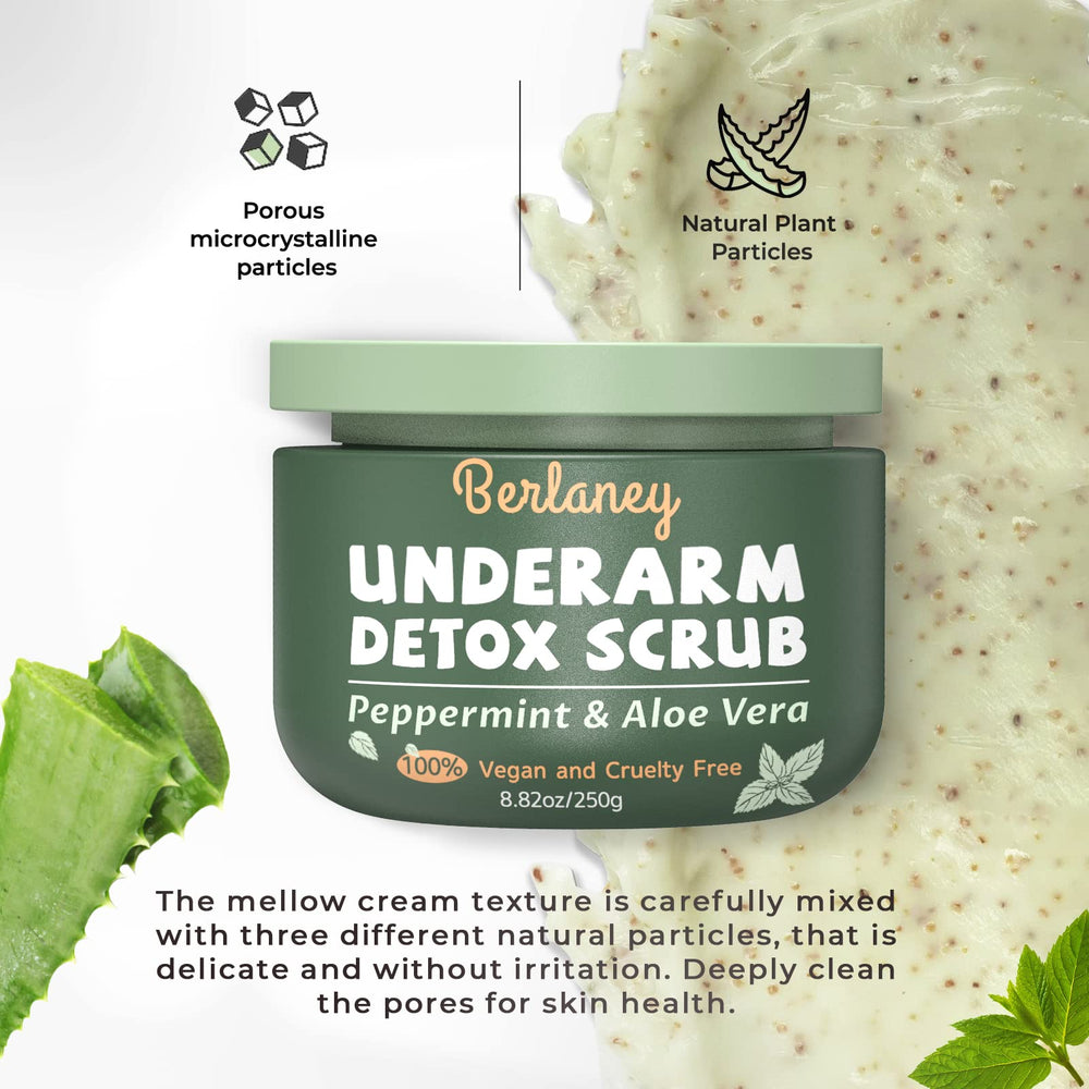 Berlaney Armpit Detox Scrub jar close-up ready for minty exfoliating shower