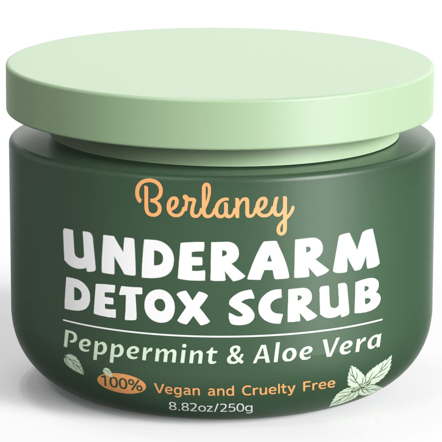 Berlaney Armpit Detox Scrub packaging highlights natural ingredients for a refreshing cleanse