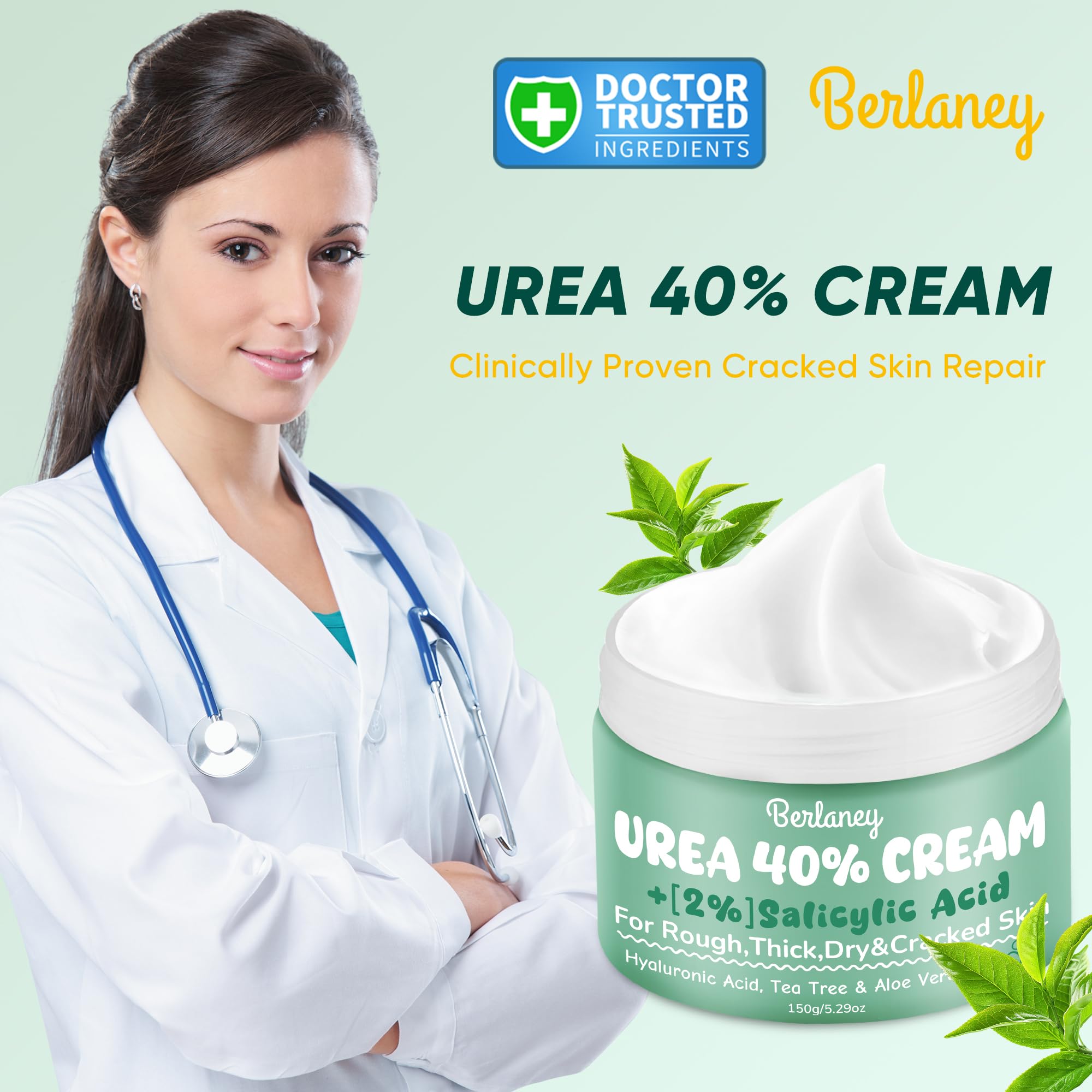 Berlaney Urea Cream texture close-up showing non-greasy finish for daily use.