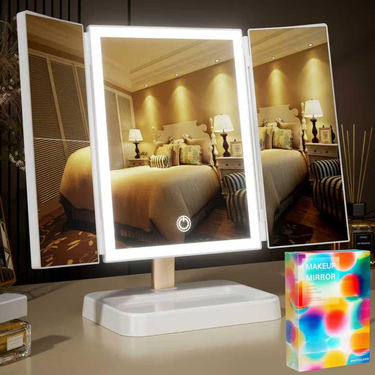 BERTHALESS mom makeup mirror with LED lights for precise makeup and grooming.