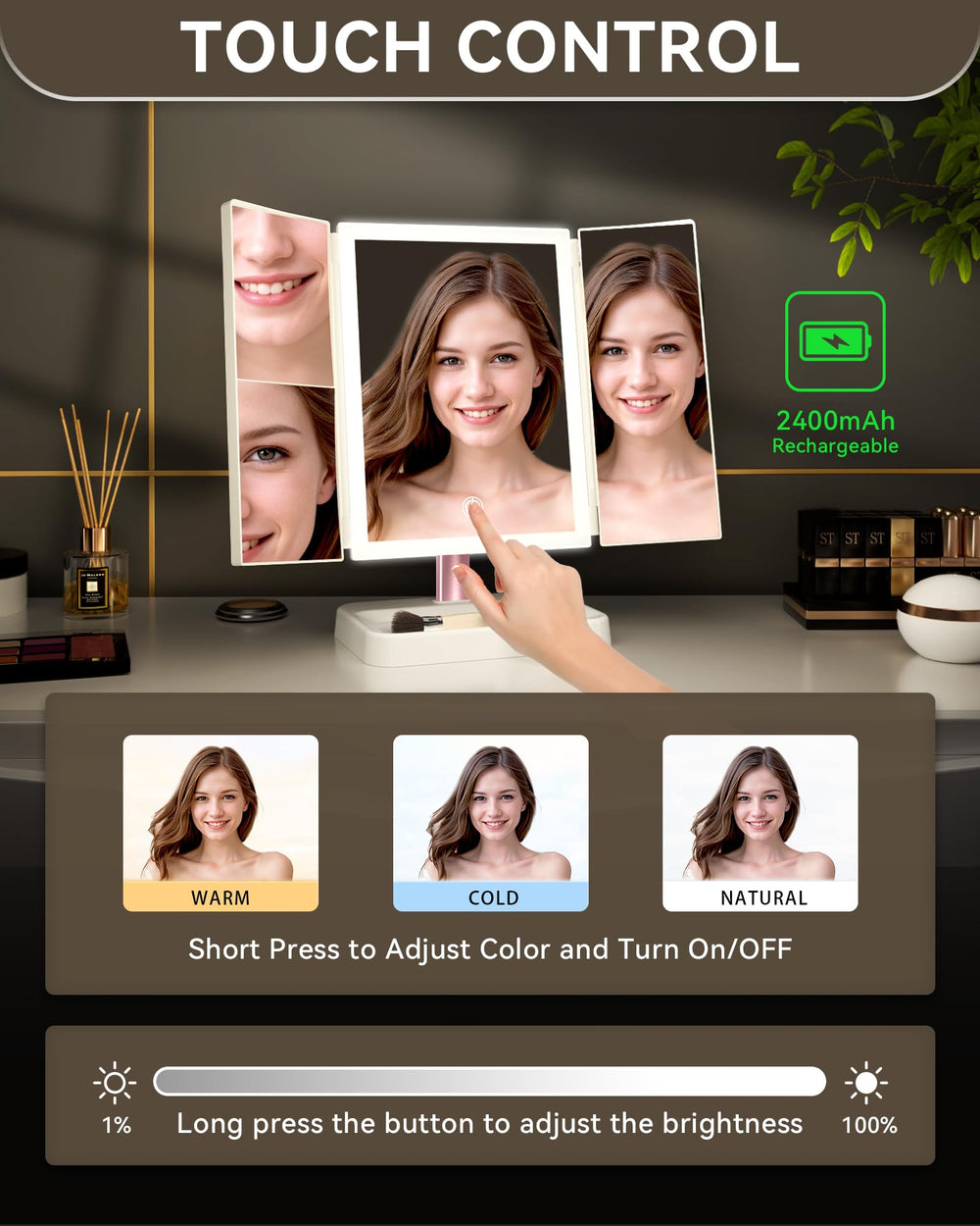 BERTHALESS makeup mirror swivel 90 degrees for flexible viewing angles.