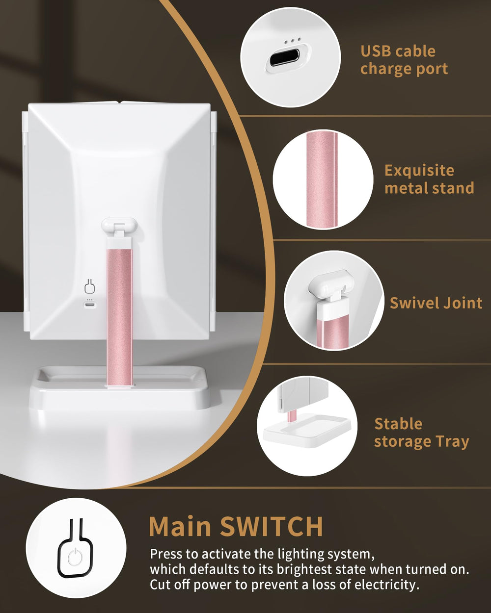 BERTHALESS rechargeable mirror with USB charging for cordless convenience.