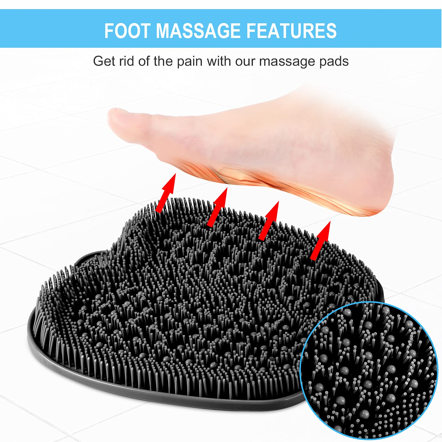 Beskar foot scrubber mat demonstrates massaging action for tired feet in shower