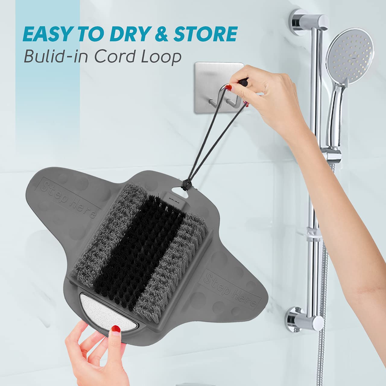 Beskar hanging string stores the scrubber neatly after use.