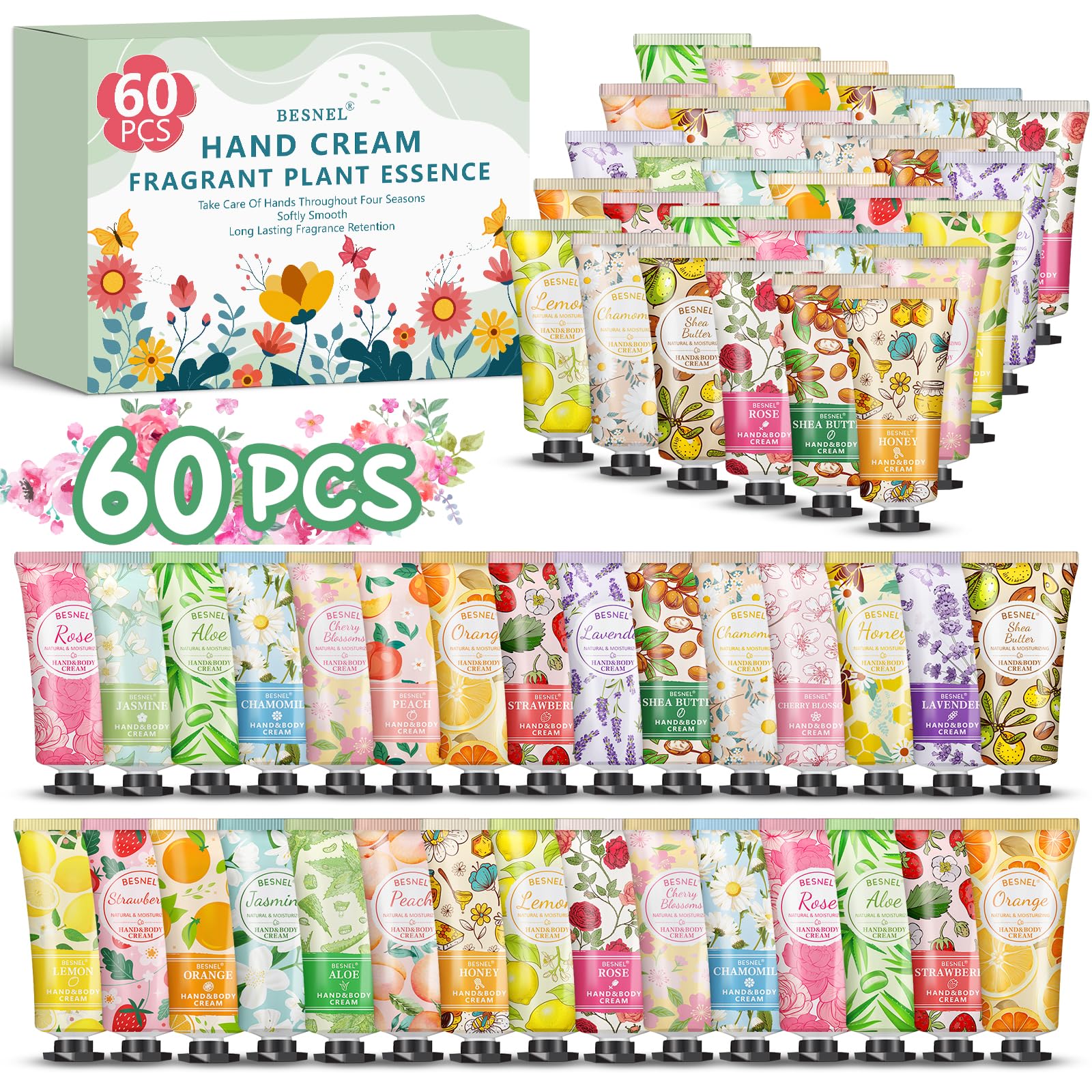 BESNEL 60-pack hand cream gift set displays colorful tubes with 12 fragrances for daily gifting.