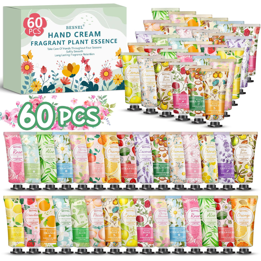 BESNEL 60-pack hand cream gift set displays colorful tubes with 12 fragrances for daily gifting.