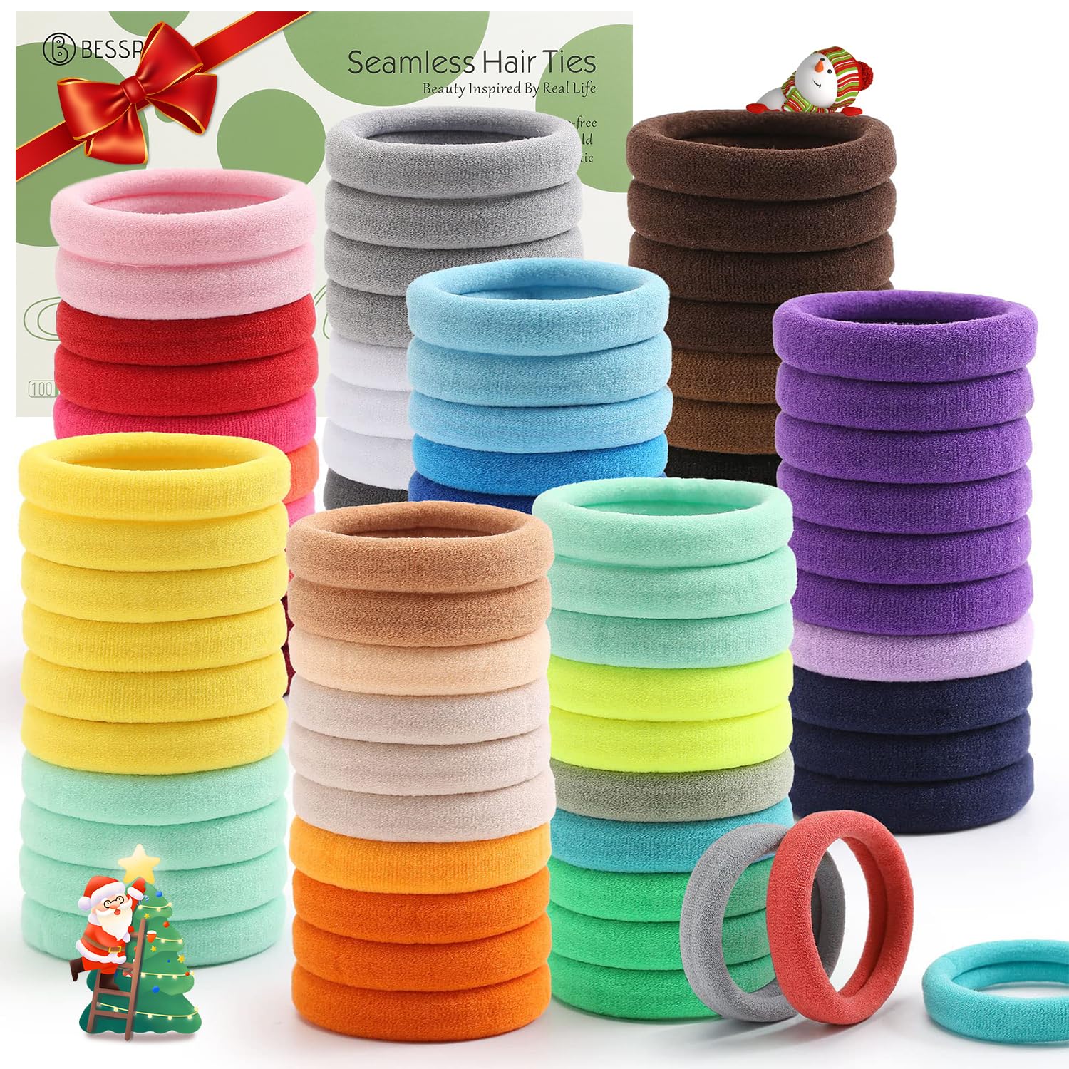 Bessrung 100pcs elastic hair ties pack closeup colorful variety for versatile hairstyles.