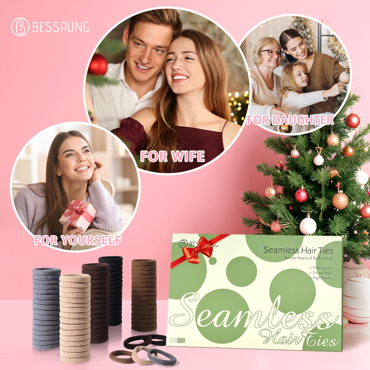 Bessrung 100pcs pack side view shows durable, elastic hair ties without snagging.