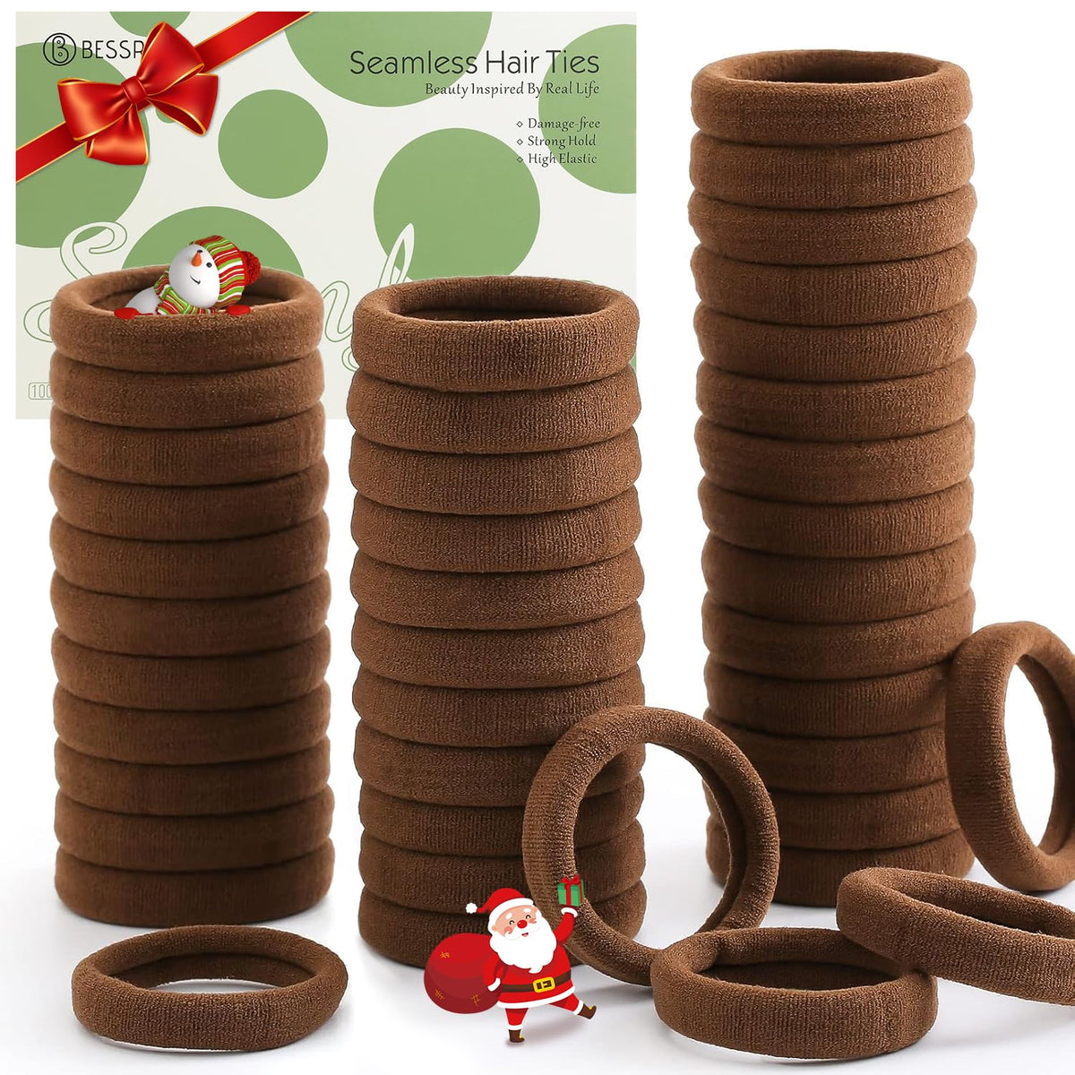 Bessrung 100pcs thick seamless hair ties pack shot for all hair types and daily wear.