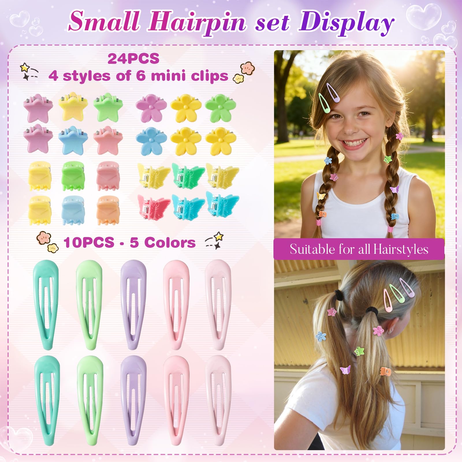 Bessrung 34-mini clips including butterfly and flower styles for kid hairstyles.