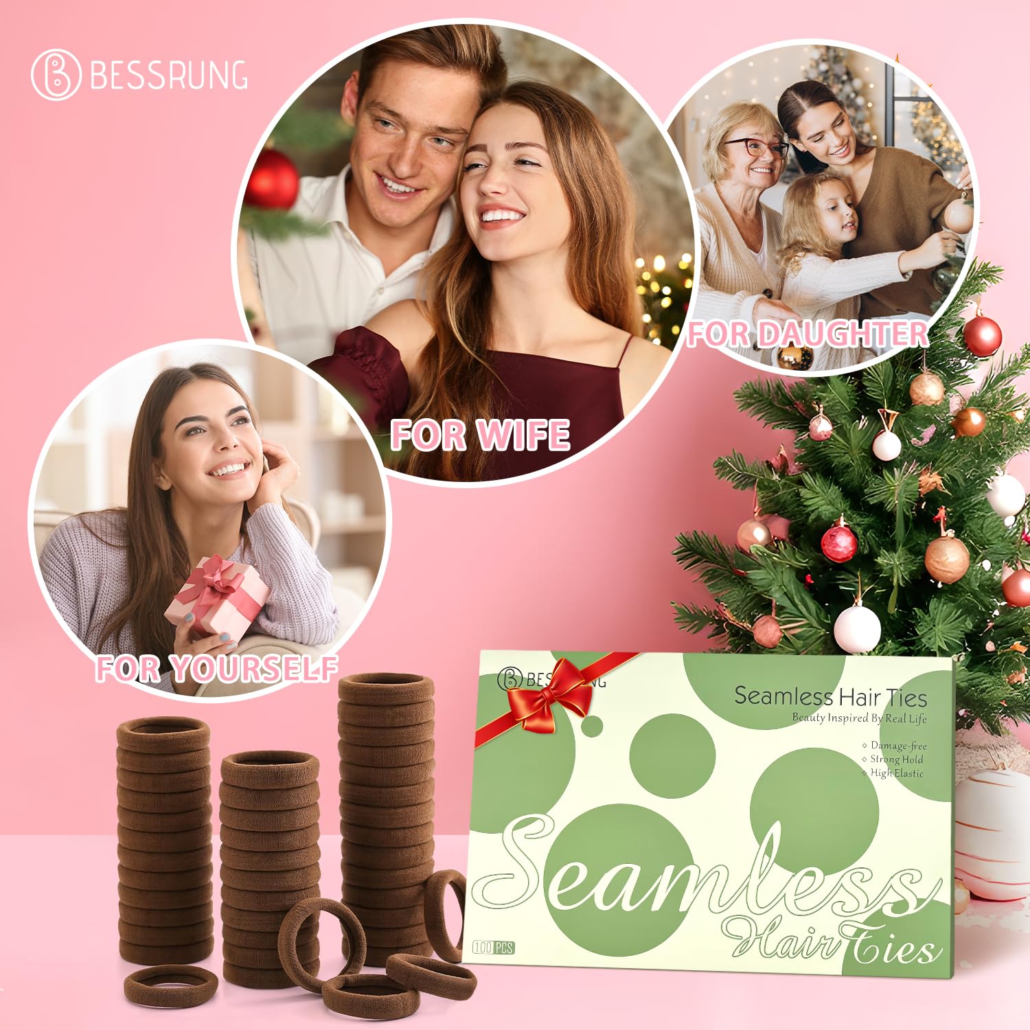 Bessrung dark brown hair ties closeup soft material gentle on hair.